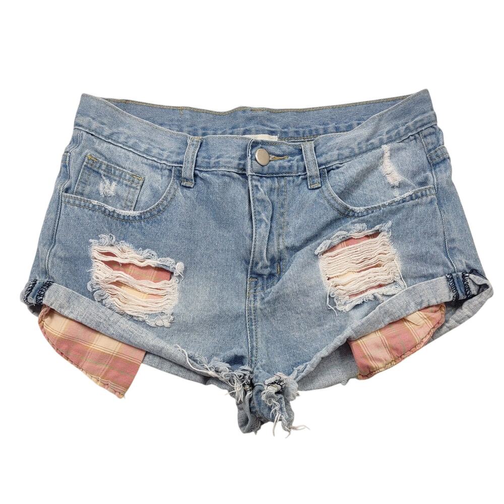 Hayden Los Angeles Distressed Short Shorts with Plaid Pocket Detail, Size Small